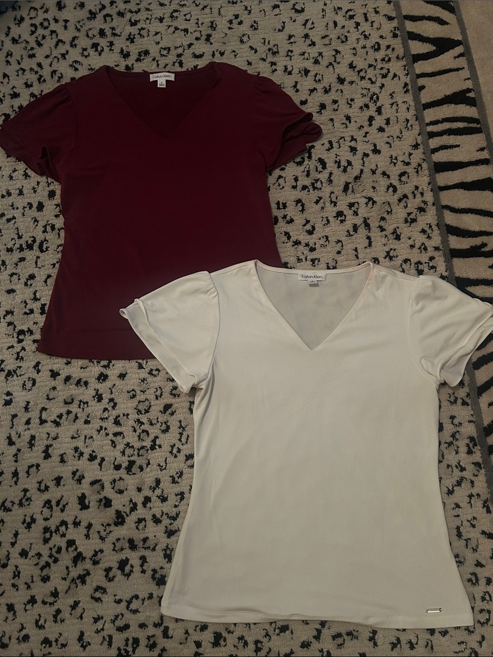 Lot of 2 Calvin Klein V-Neck Short Sleeve Top Duo — Burgundy & White